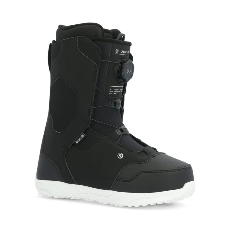 Black Ride Lasso Jr. kids snowboard boot with a white sole and BOA lacing system, angled side view.
