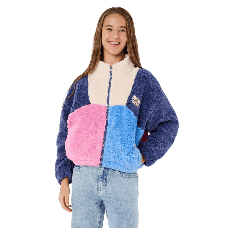 Rip Curl Block Party Fleece kids' jacket in color-blocked pink, blue, and cream sherpa with a full-zip front.