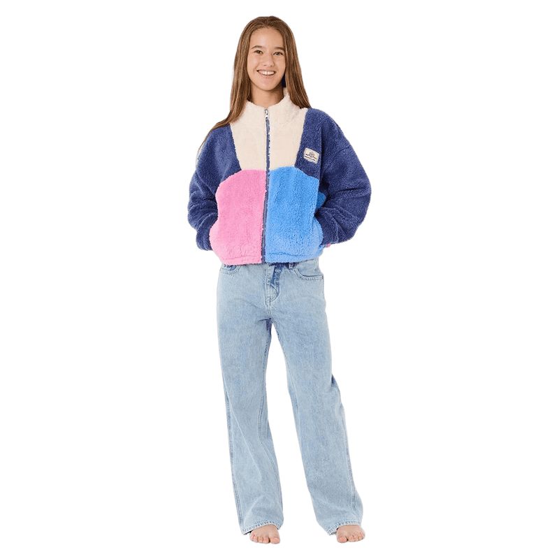 Kids Rip Curl Block Party Fleece in navy, pink, blue, and cream sherpa with a full-zip front and high collar.