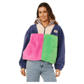 Rip Curl Block Party women's polar fleece jumper in blue, pink, and green color-block with a half-zip and high collar.