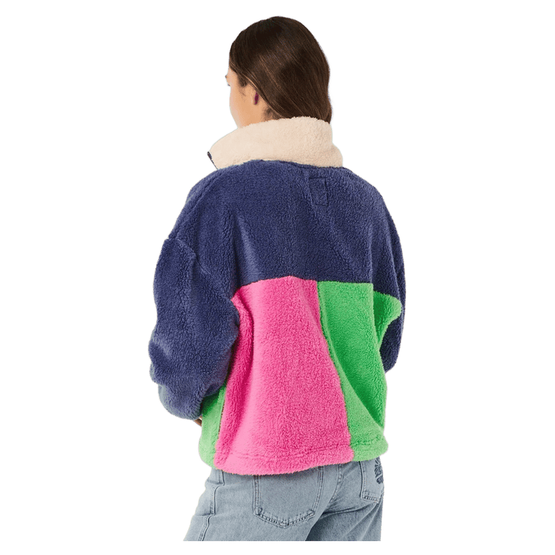 Back view of Rip Curl Block Party women's polar fleece with navy, pink, and green color blocks and a cream collar.