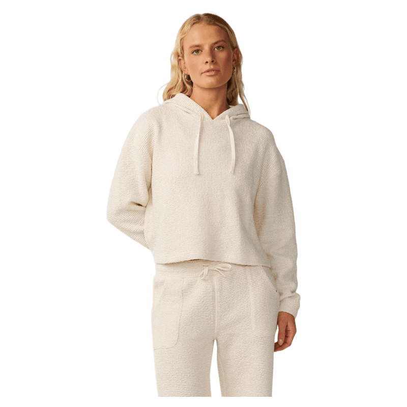 Cream Rip Curl Cala Nights Textured Hoodie for women with a cropped fit, drawstring hood, and waffle-knit fabric.