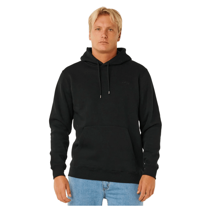 Black Rip Curl Classic Surf Hoodie with front pocket and drawstrings worn by a man.