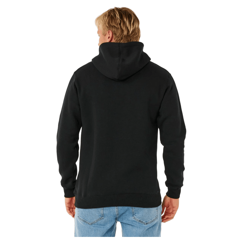 Back view of a black Rip Curl Classic Surf Hoodie with a hood and ribbed cuffs, worn with blue jeans.