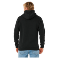 Back view of a black Rip Curl Classic Surf Hoodie with a hood and ribbed cuffs, worn with blue jeans.
