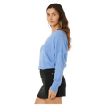 Side profile of a woman wearing a light blue Rip Curl Emily knit sweater with long sleeves and ribbed cuffs.