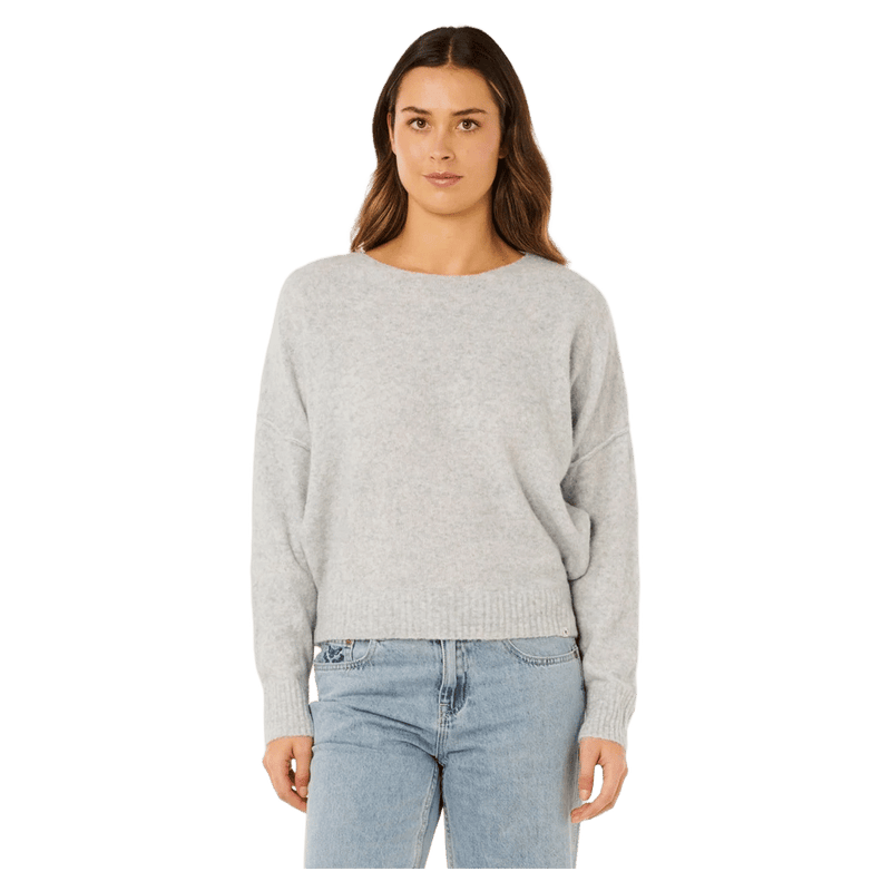Rip Curl Emily light grey marle knit sweater for women with a crew neck and ribbed hem. Front view.