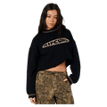 Black Rip Curl Half Moon Bay sweater with tan logo and olive green floral camo cargo pants.