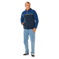 Rip Curl Heritage Polar Fleece in navy and blue with a patterned chest stripe and snap collar, worn with light jeans.