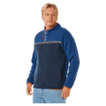 Two-tone blue Rip Curl Heritage Polar Fleece with snap-button collar, patterned chest trim, and orange accents.