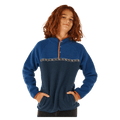 Kids Rip Curl Heritage Polar Fleece in two-tone blue with snap buttons, orange trim, and a patterned chest stripe.