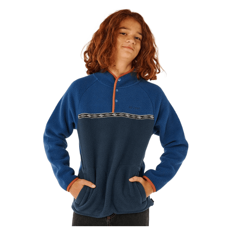 Kids Rip Curl Heritage Polar Fleece in two-tone blue with snap buttons, orange trim, and a patterned chest stripe.