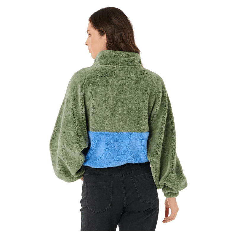Back view of a green and blue Rip Curl Hotel Malibu polar fleece jumper with a high neck and soft, fuzzy texture.