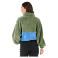 Back view of a green and blue Rip Curl Hotel Malibu polar fleece jumper with a high neck and soft, fuzzy texture.