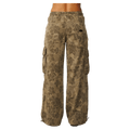 Women's wide-leg cargo pants in olive floral camouflage with side pockets and an elastic waistband, back view.