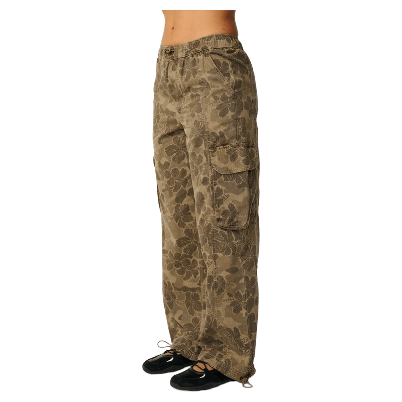 Rip Curl women's Paradise Camo Cargo Pant in olive green with floral print, side cargo pocket, and relaxed fit.