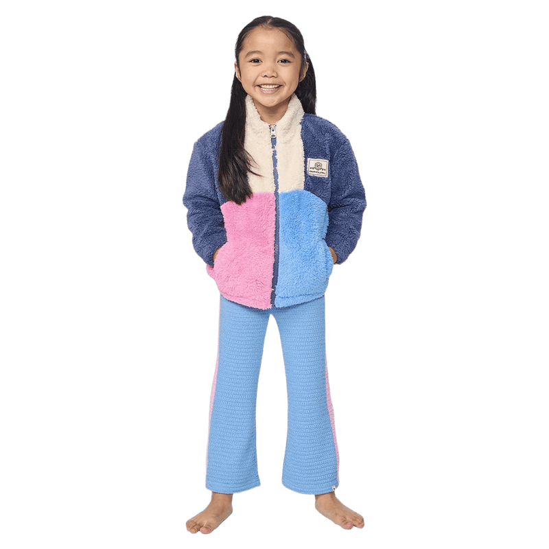 Kids' Rip Curl Surf Block Polar Fleece jacket with navy, cream, pink, and blue color-blocking and a full-length zipper.