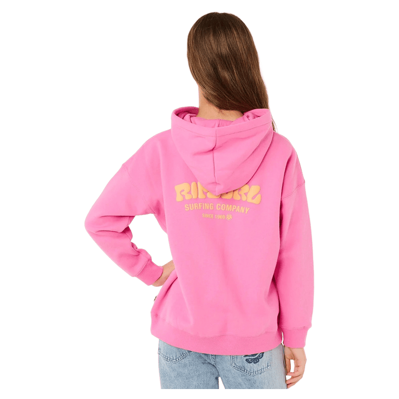 Back view of a bright pink Rip Curl Surf Puff Heritage Hoodie for kids with a yellow logo on the back.