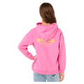 Back view of a bright pink Rip Curl Surf Puff Heritage Hoodie for kids with a yellow logo on the back.