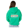Back view of a bright green Rip Curl Surf Revival Heritage Hoodie with a retro rainbow logo on the back.