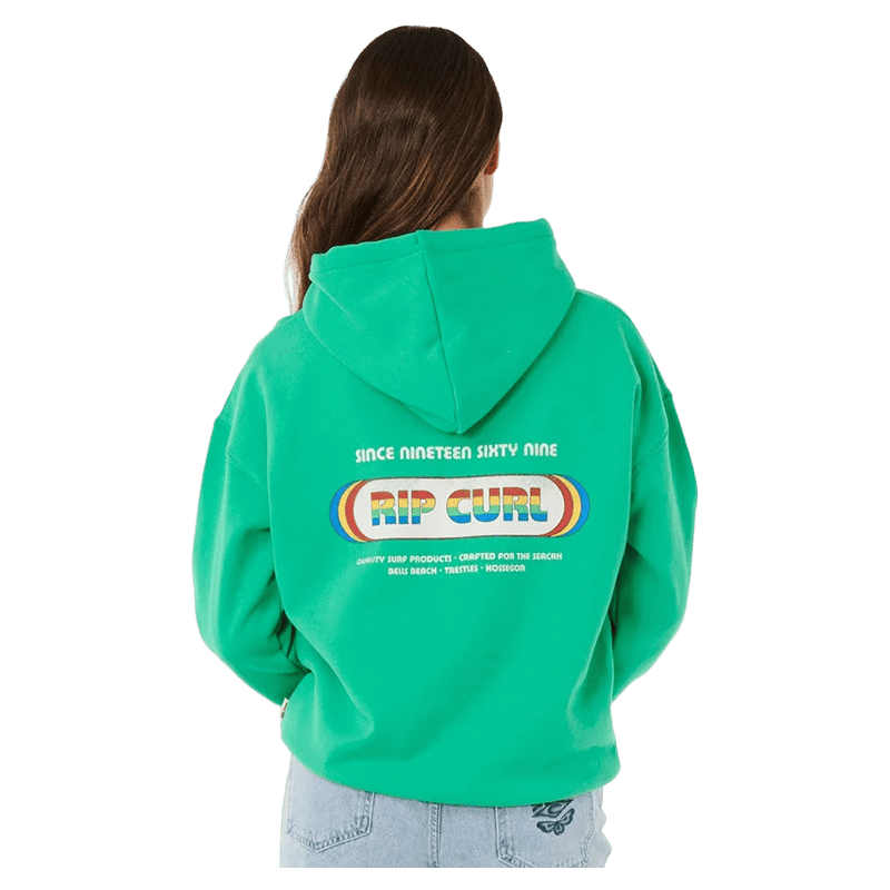 Back view of a bright green Rip Curl Surf Revival Heritage Hoodie with a retro rainbow logo on the back.