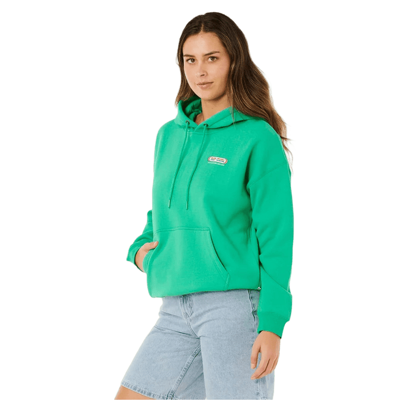 Bright green Rip Curl Surf Revival Heritage Hoodie for women with a front pocket and chest logo.