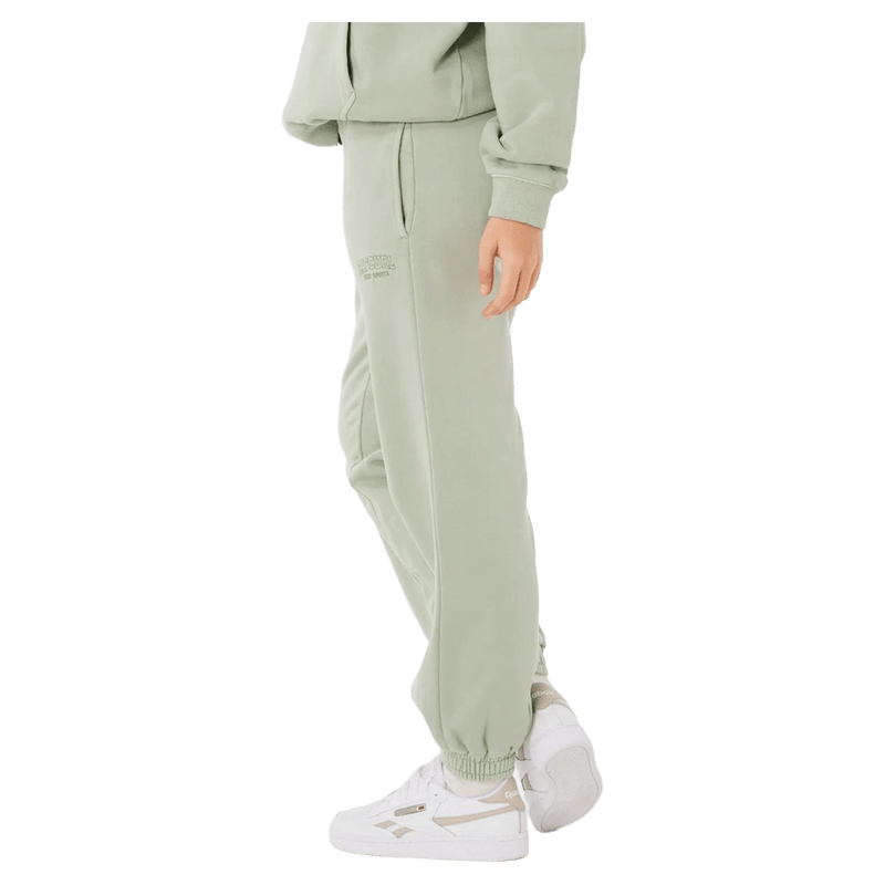 Sage green Rip Curl Varsity Sports Track Pant for women with elastic cuffs and side pockets, side profile view.