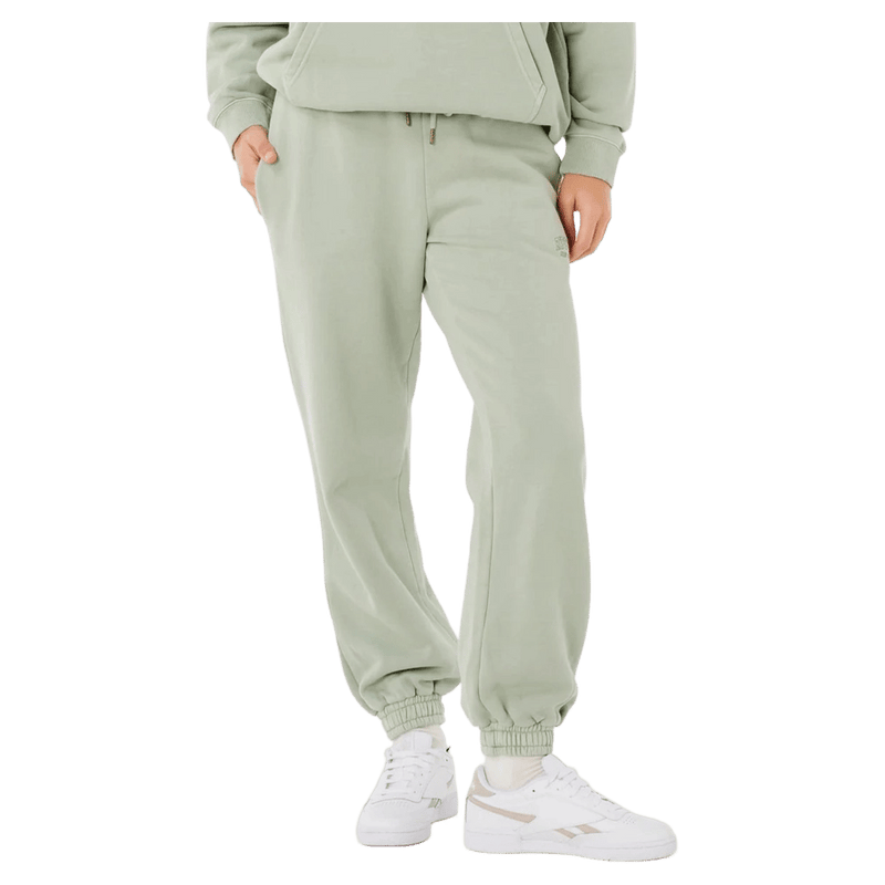 Sage green Rip Curl women's track pants with an elastic drawstring waist, side pockets, and cuffed ankles.