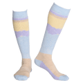 Rojo All Mountain women's socks in light blue, lavender, and yellow with a mountain silhouette pattern.