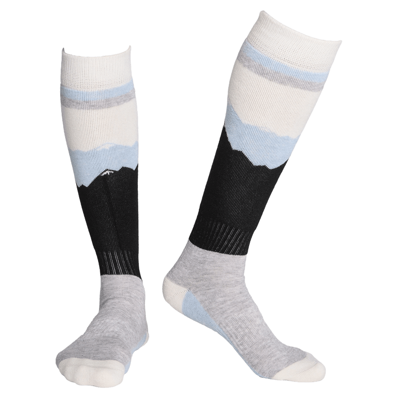 Rojo All Mountain Womens Socks with mountain range pattern in black, light blue, and white on a grey knit base.