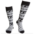 Women's Rojo Nordic Snowflake knee-high socks with black, white, and grey reindeer and snowflake knit patterns.