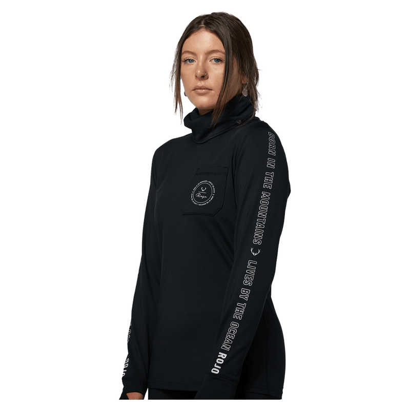 Side view of women in Rojo Park Life Funnel Neck - in True Black