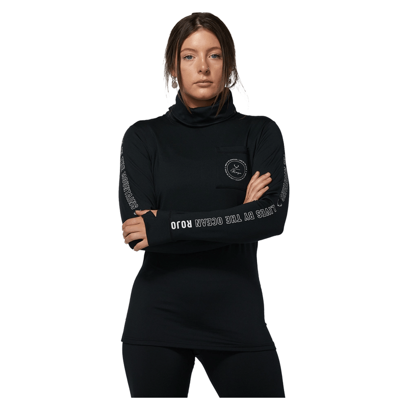 Front view of women in Rojo Park Life Funnel Neck - in True Black