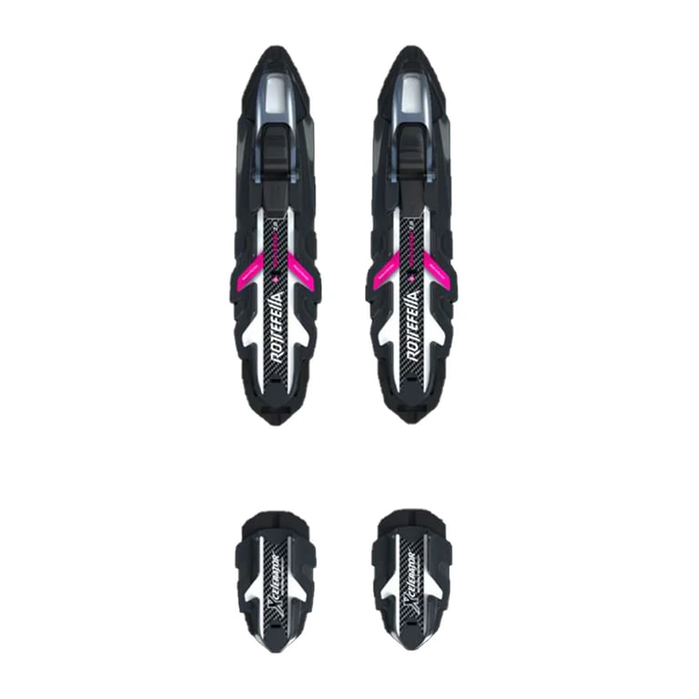 Black and white Rottefella Xcelerator Roller Ski Classic 2.0 bindings with pink accents and carbon-style texture.