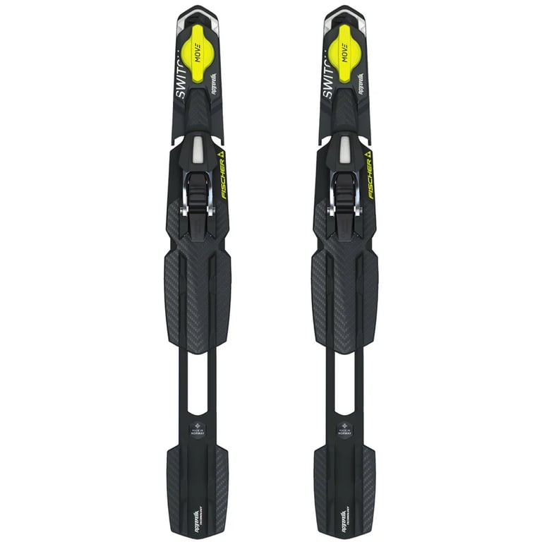 Pair of black and yellow Fischer Move Switch Kit IFP classic manual cross country ski bindings from a top-down view.