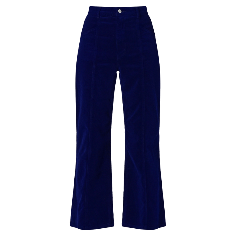 Front view of a women in the Sailor Deco Marine Cord Jeans in colour Marine