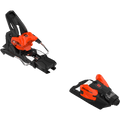 Black and orange Salomon Strive 14 MN ski bindings showing the toe and heel pieces from a three-quarter angle.