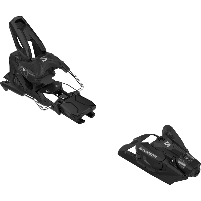 Black Salomon Strive 14 MN ski bindings with white accents, showing toe and heel pieces from a three-quarter angle.