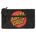 Black Santa Cruz Classic Dot pencil case with a large red circular logo, yellow text, and two front zippers.