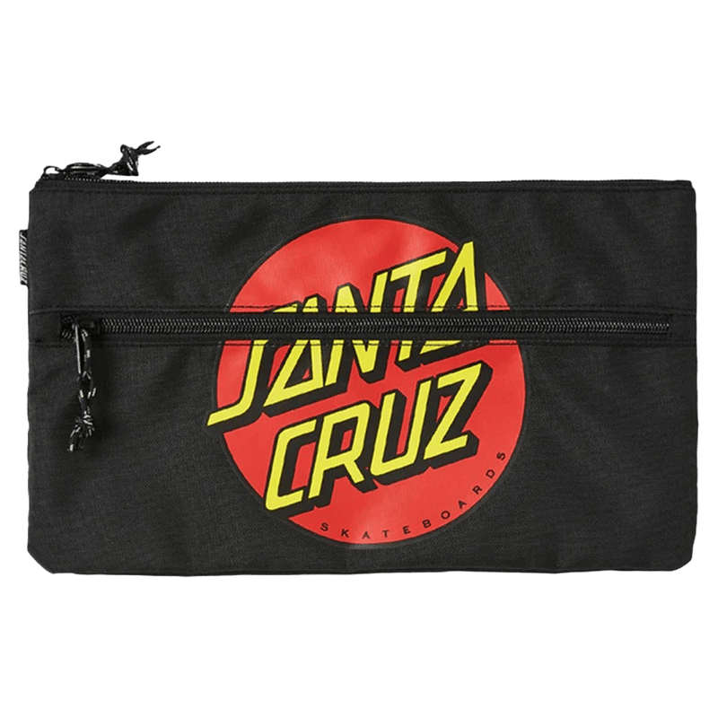 Black Santa Cruz Classic Dot pencil case with a large red circular logo, yellow text, and two front zippers.