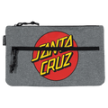 Heather grey Santa Cruz pencil case featuring a large red Classic Dot logo and two black zippers with cord pulls.