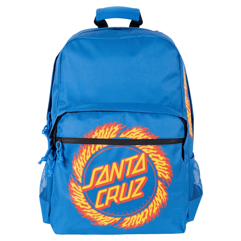 Blue Santa Cruz Flame Ringed Dot kids backpack with a front zip pocket, side mesh pockets, and top handle.