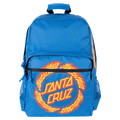 Blue Santa Cruz Flame Ringed Dot kids backpack with a front zip pocket, side mesh pockets, and top handle.
