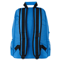 Rear view of a blue kids backpack with black adjustable shoulder straps, a top handle, and mesh side pockets.