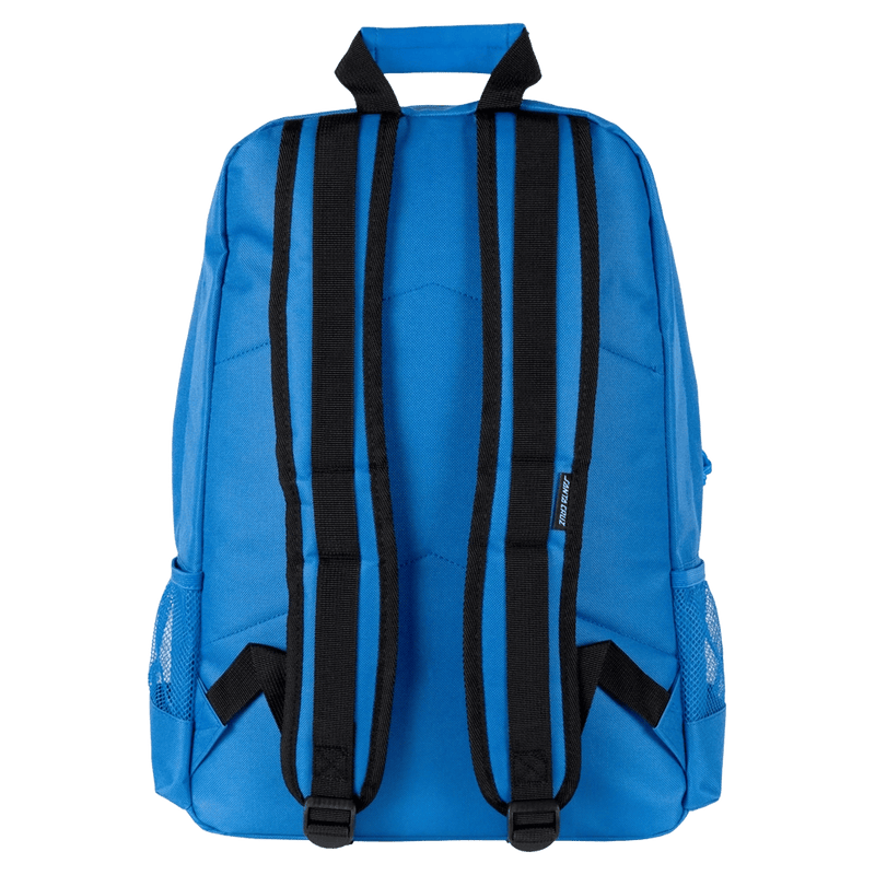 Rear view of a blue kids backpack with black adjustable shoulder straps, a top handle, and mesh side pockets.