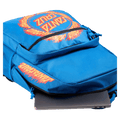 Blue Santa Cruz kids backpack with orange flame logo graphics and a laptop partially inside the main compartment.