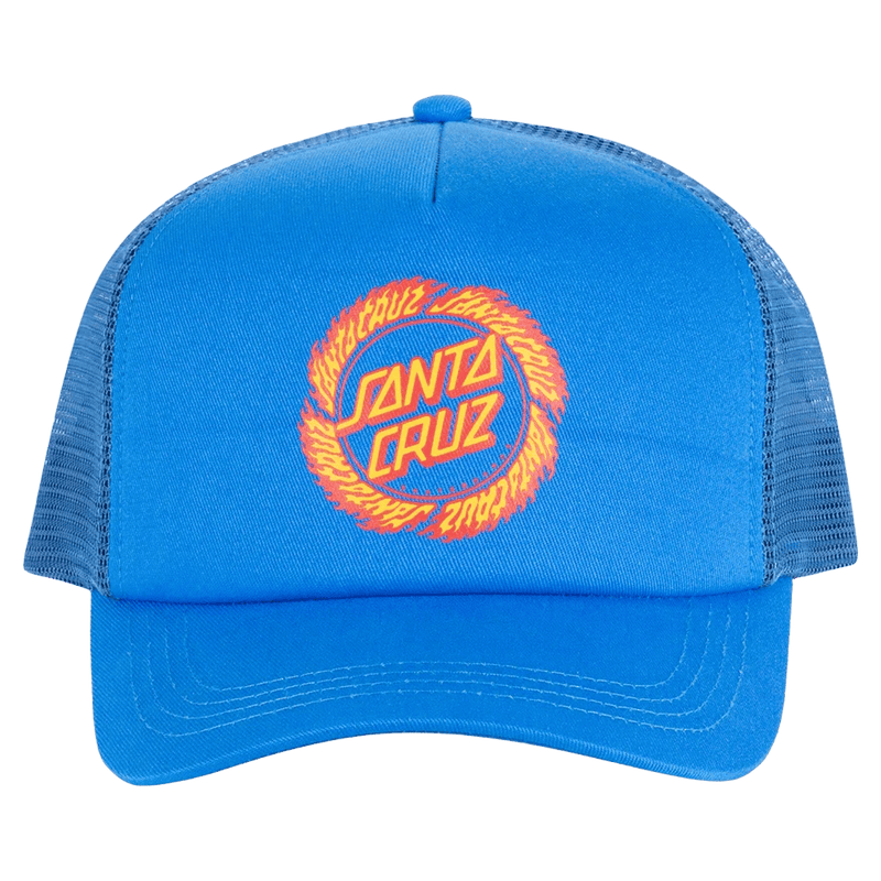 Blue Santa Cruz kids trucker cap with mesh back and orange flame ringed dot logo on the front foam panel.