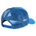 Rear view of a bright blue kids trucker hat with a mesh back and adjustable snapback closure.