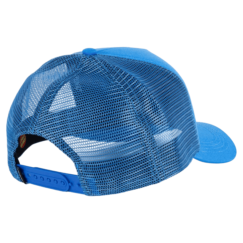 Rear view of a bright blue kids trucker hat with a mesh back and adjustable snapback closure.