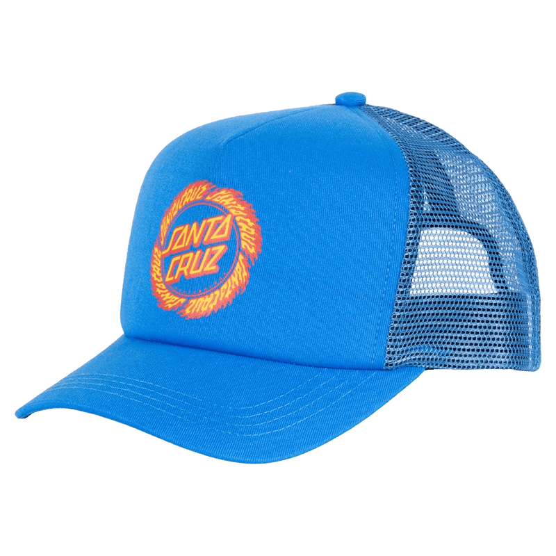 Bright blue Santa Cruz kids trucker hat with orange flame ringed dot logo and mesh back, side profile.